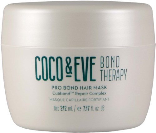 A white jar with green and gray text, labeled Coco & Eve Bond Therapy Hair Mask, 212 mL, for hair repair.