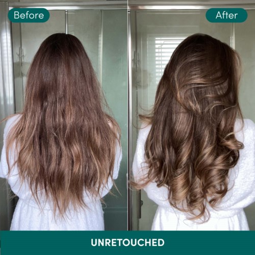 Hair looks shinier and more styled in the after photo compared to messy and unkempt before picture.