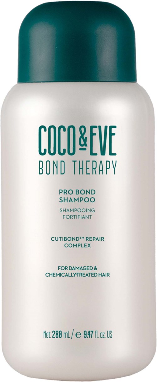A white bottle with a green cap labeled Coco & Eve Bond Therapy Pro Bond Shampoo for damaged, chemically treated hair.