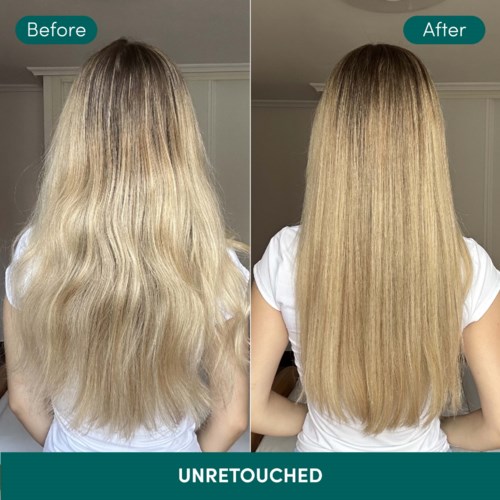 A before and after hair transformation showing longer, smoother, and shinier hair after a treatment.