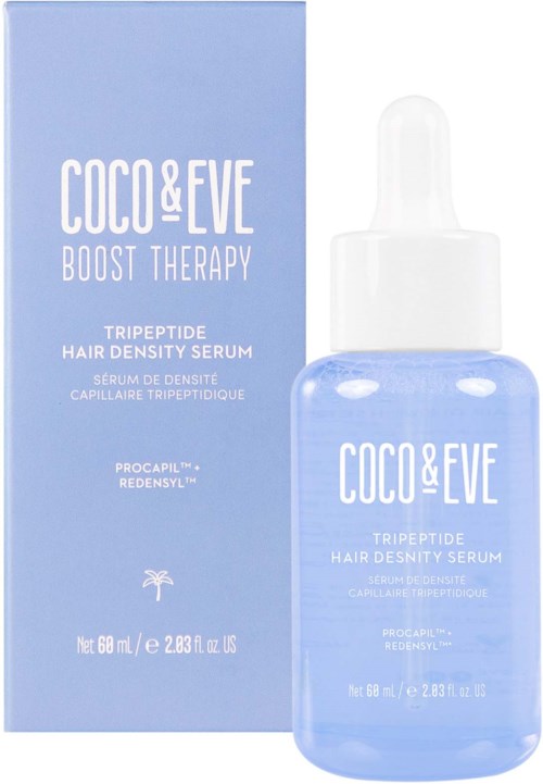 En blå bokske og en dråpeflaske med hårserum kalt Coco & Eve Boost Therapy vises.