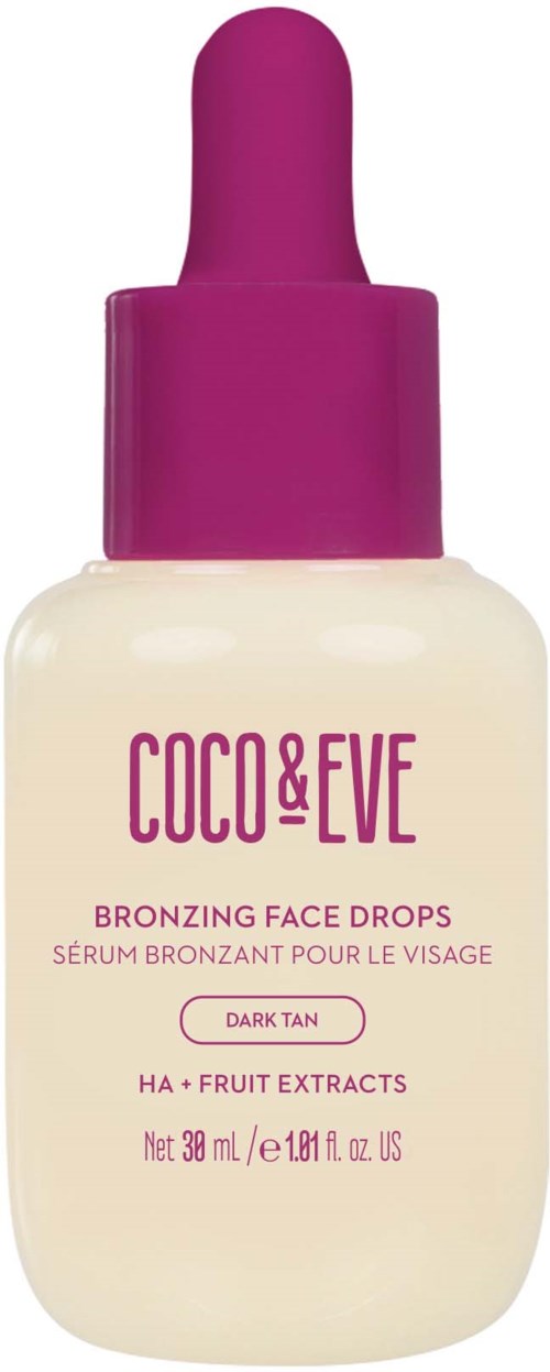 Een flesje Coco & Eve bruiningsface drops met een paarse pipetdop, gemarkeerd voor Een donkere teint met fruitextracten.