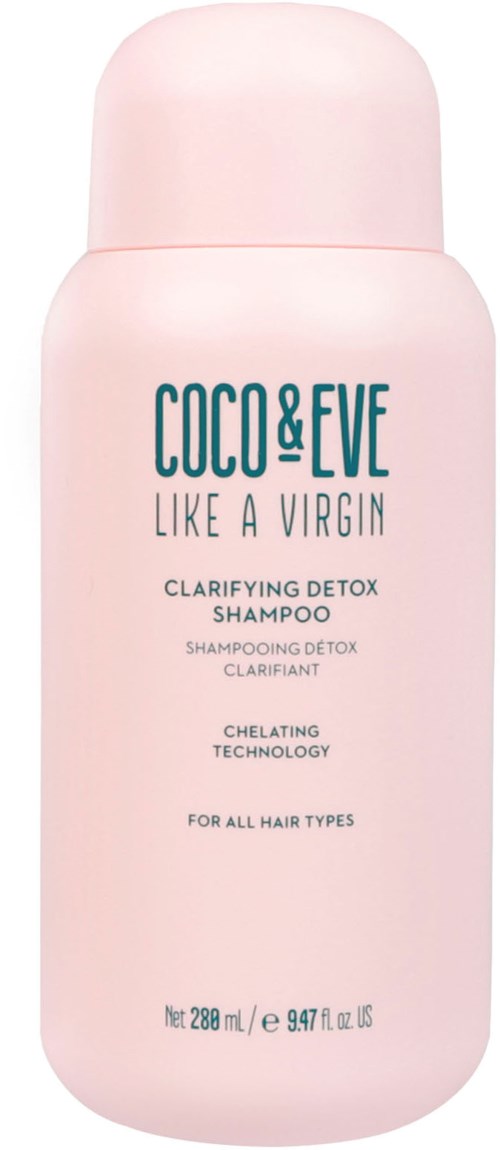 A pink bottle of Coco & Eve Like a Virgin Clarifying Detox Shampoo for all hair types.