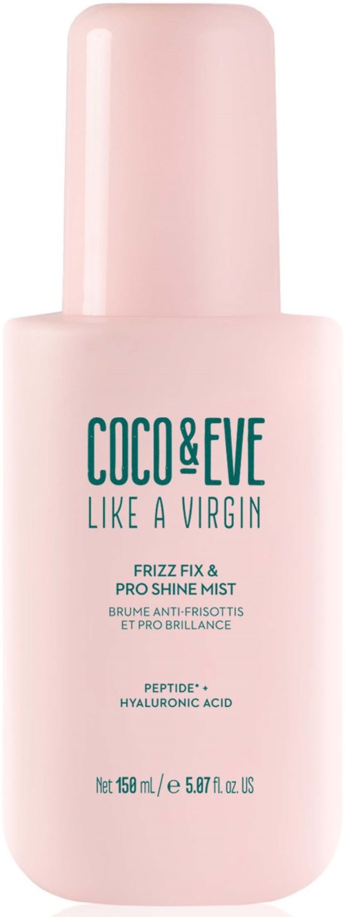 Light pink bottle of COCO & EVE hair shine mist with teal text, and a spray nozzle on top.
