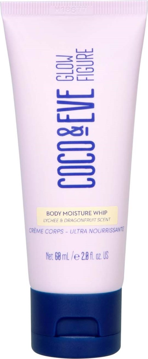 A tube of body moisturizer with a light pink and dark blue design, labeled "Coco & Eve Glow Figure".