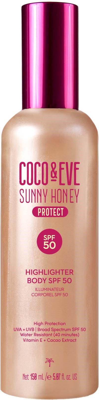 A sun protection body lotion bottle with pink cap, labeled COCO & EVE Sunny Honey Protect SPF 50.