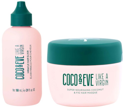 Two hair care products, one in a pink bottle and the other in a white jar with teal lid. Them have coconut and fig labels.
