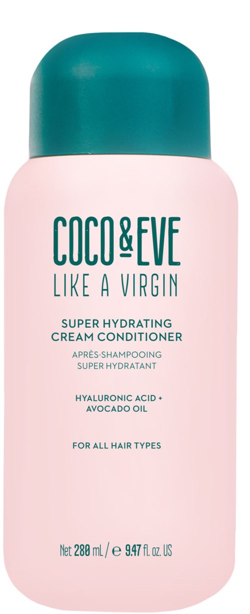 A pink bottle with a teal cap, labeled Coco & Eve Super Hydrating Cream Conditioner, for all hair types.
