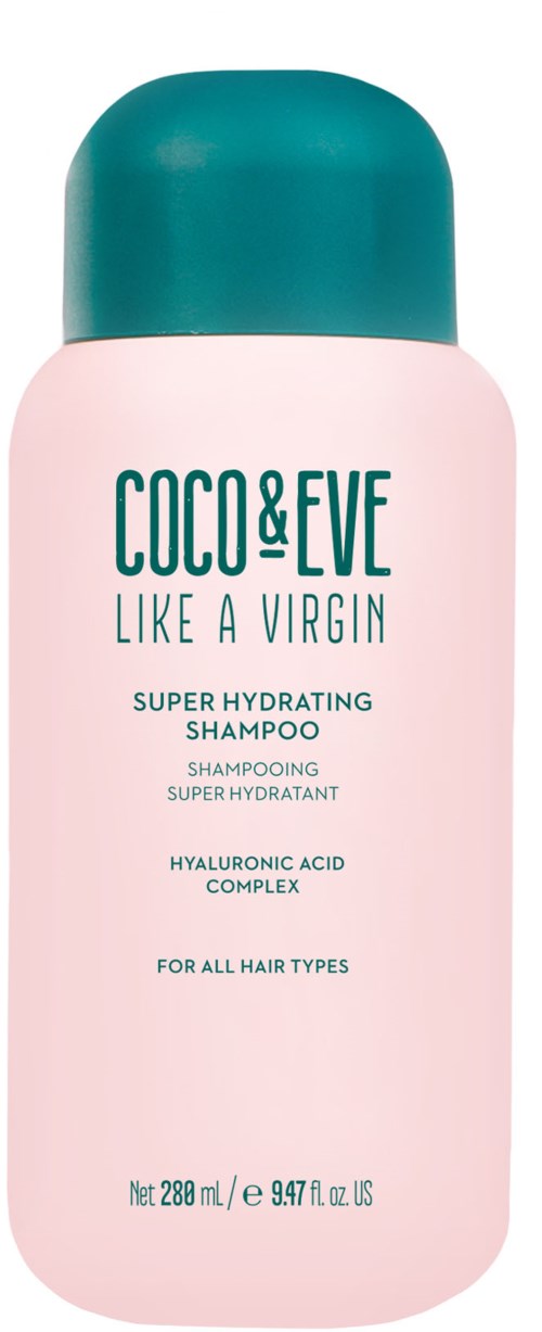 Een roze shampoo fles met een teal dop, gelabeld "Coco & Eve Like a Virgin," voor alle haartypes.