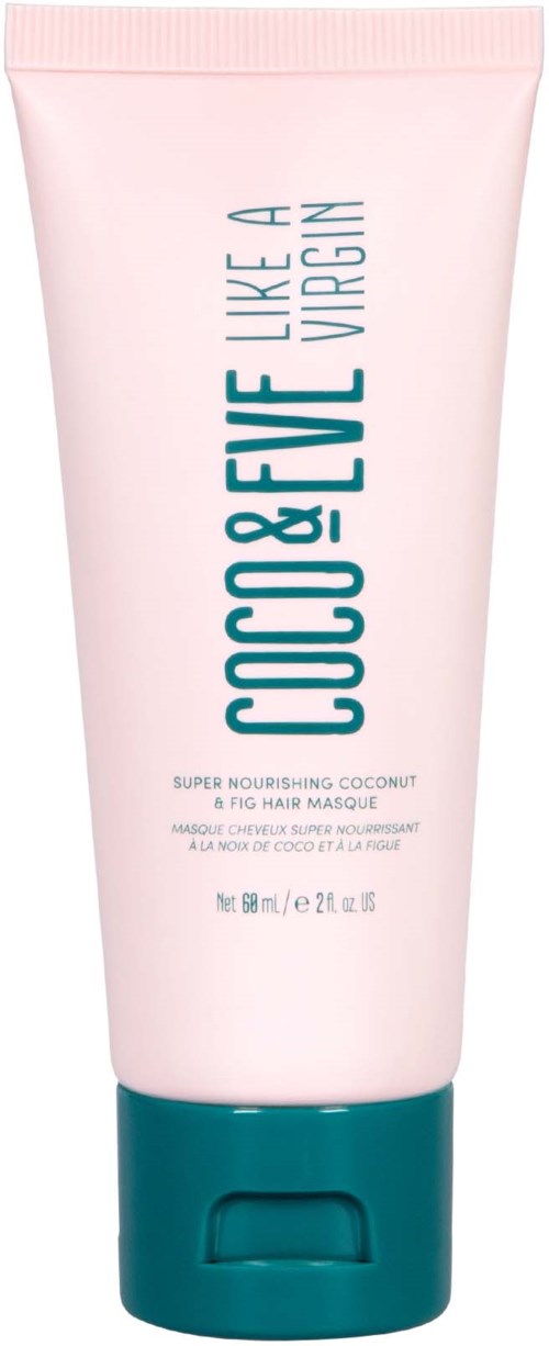 A pink tube with a teal cap, labeled 'Coco & Eve Like a Virgin'. It is a nourishing coconut and fig mask.