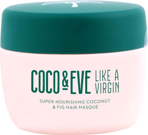 A pink container with a dark green lid. It is a hair mask for nourishing coconut and fig hair.