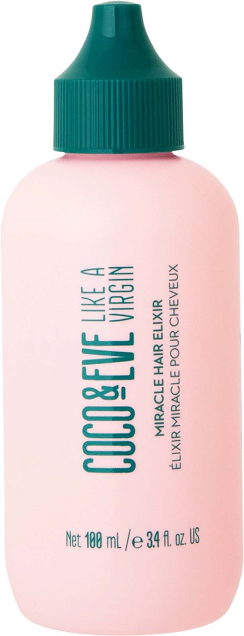 Pink bottle with teal cap, labeled 'Coco & Eve Like a Cloud'. Contains hair elixir, 100ml.