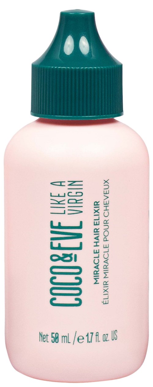 A small pink bottle with a teal cap, labeled as a hair elixir named 'Coconceite like a virgin'.