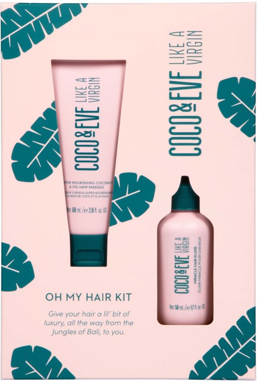 The image shows hair care products in pink packaging with blue text and leaf designs, labeled 'Coco & Eve Like A Virgin' and 'Oh My Hair Kit.'