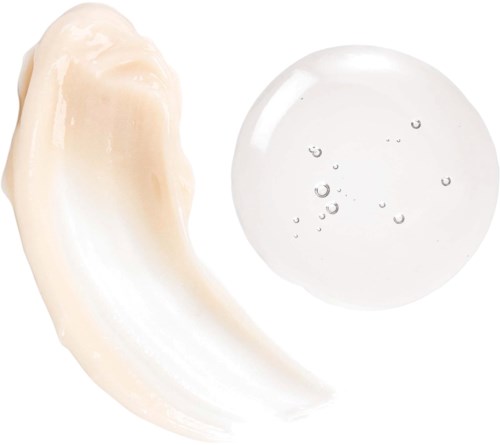 A white cream and a clear gel with bubbles are shown, likely skincare or cosmetic products.