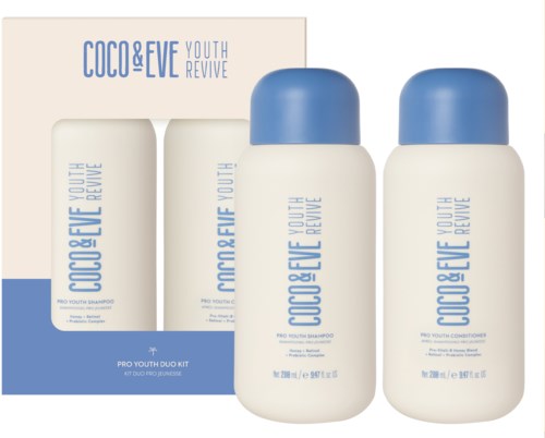 Two bottles of COCO & EVE Youth Revive shampoo and conditioner, part of a duo kit, with a white and blue design.
