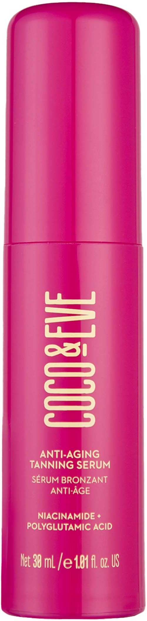 Een roze flesje met Coco & Eve anti-aging zelfbruiningsserum met witte tekst, rechtopstaand tegen een zwarte achtergrond.