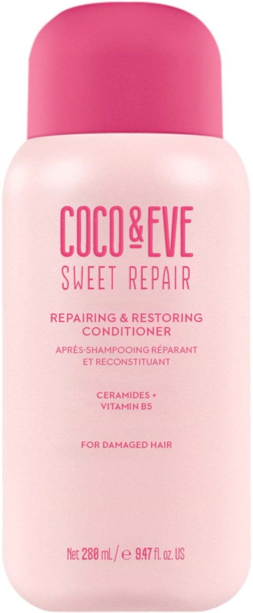 En rosa och vit flaska med ett hårbalsam som heter 'Coco & Eve Sweet Repair'. Den är för skadat hår.