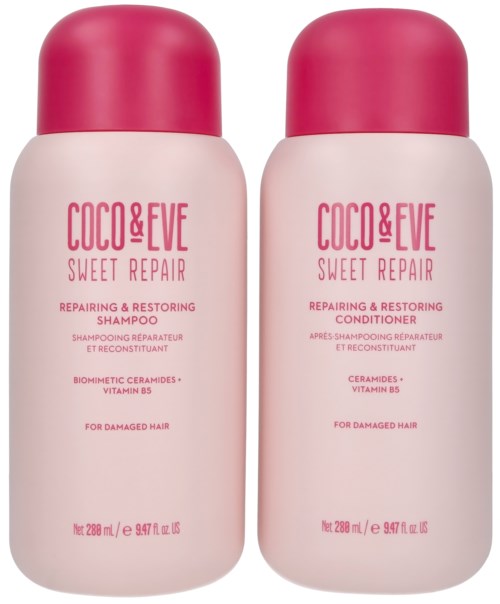 To rosa flasker merket for skadet hår, den ene er sjampo, den andre balsam. De er del av Coco & Eve Sweet Repair.