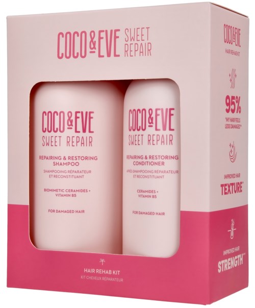 En eske med to flasker av Coco & Eve Sweet Repair sjampo og balsam for skadet hår.