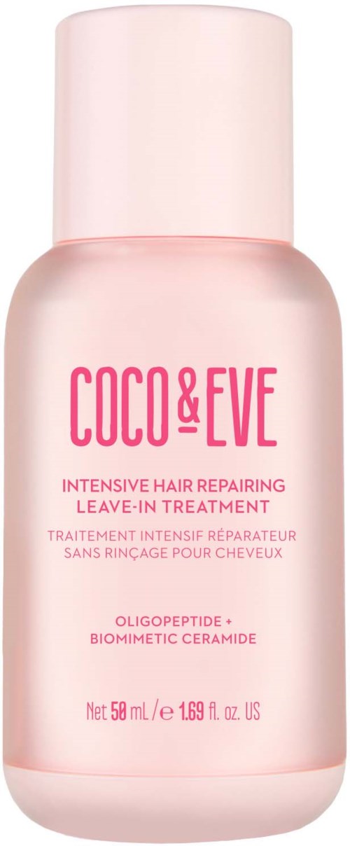 Roze fles met COCO&EVE haarherstellingsbehandeling zonder uitspoelen met productinformatie op het label.