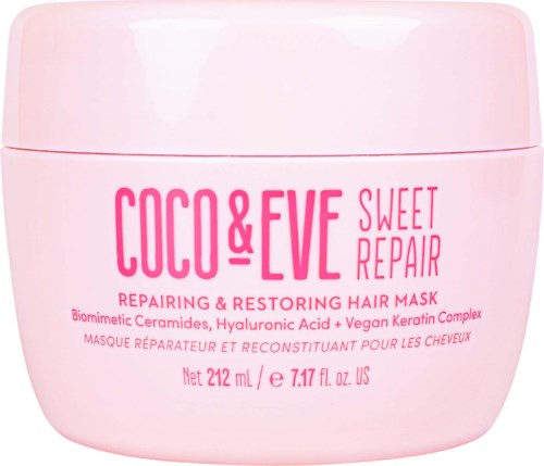 A pink jar of Coco & Eve Sweet Repair hair mask, with description of ingredients and size.
