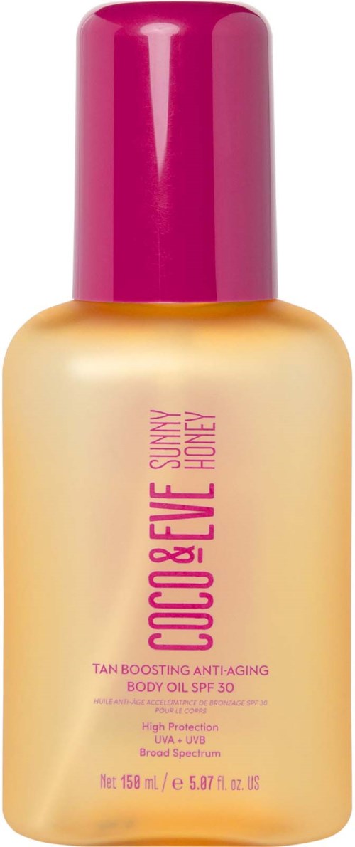 Een fles met roze dop en geel-oranje lichaam, gelabeld CC&VOE Sunny Honey lichaamsolie tegen veroudering.