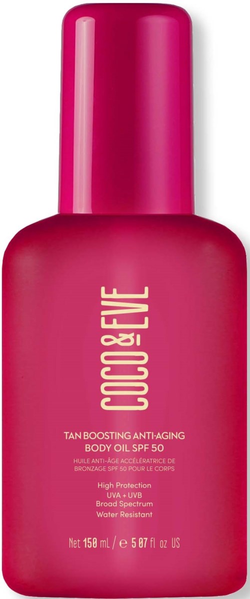Pink bottle with gold text, labeled as body oil with SPF 50 for anti-aging and sun protection.