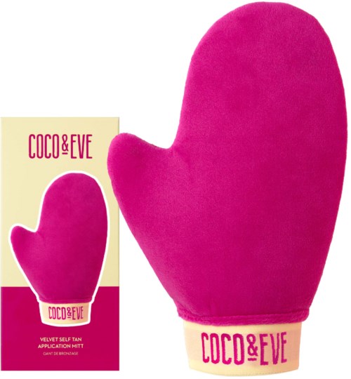 Pink plush mitten with COCO&EVE branding and a smaller matching mitten on packaging.