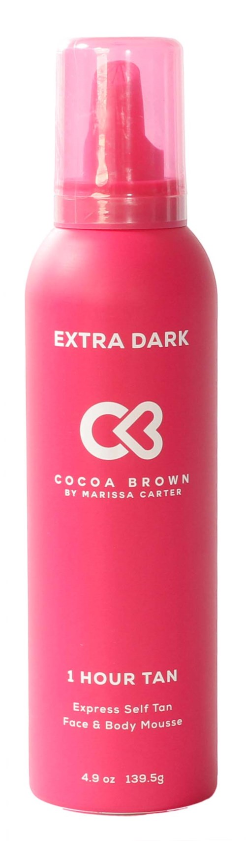 Pinkfarbene Flasche mit Selbstbräunungsschaum, beschriftet 'Extra Dark' von Cocoa Brown, mit Pumpkopf.