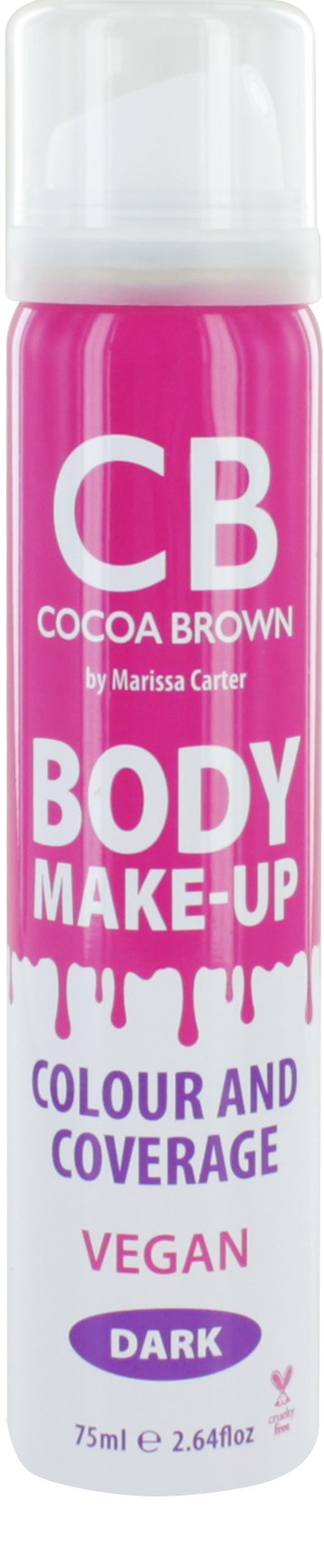 En rosa sprayflaska märkt 'Body Make-Up' för vegansk mörk kakaobrun färg och täckning.