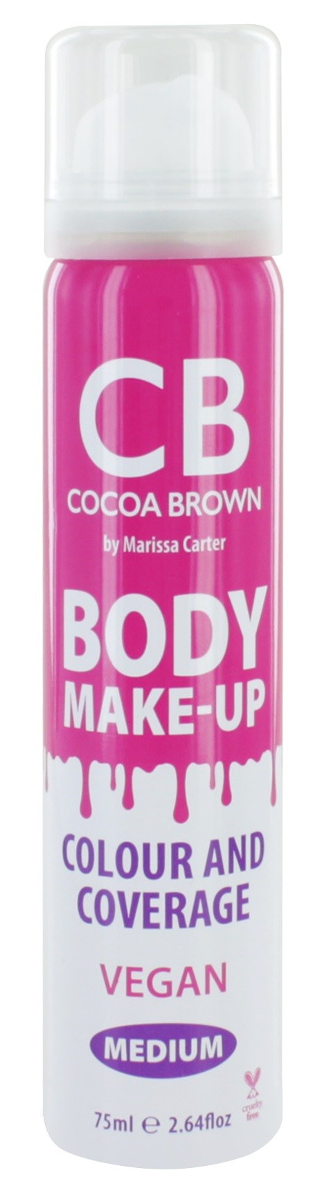 Pink flaska märkt CB Cocoa Brown kroppsmakeup, vegansk, medel täckning, 75 ml.