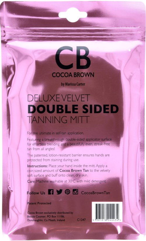 Pinkes glänzendes Paket für doppelseitigen Selbstbräuner-Handschuh, Marke CB Cocoa Brown, mit Anweisungen und Barcode.