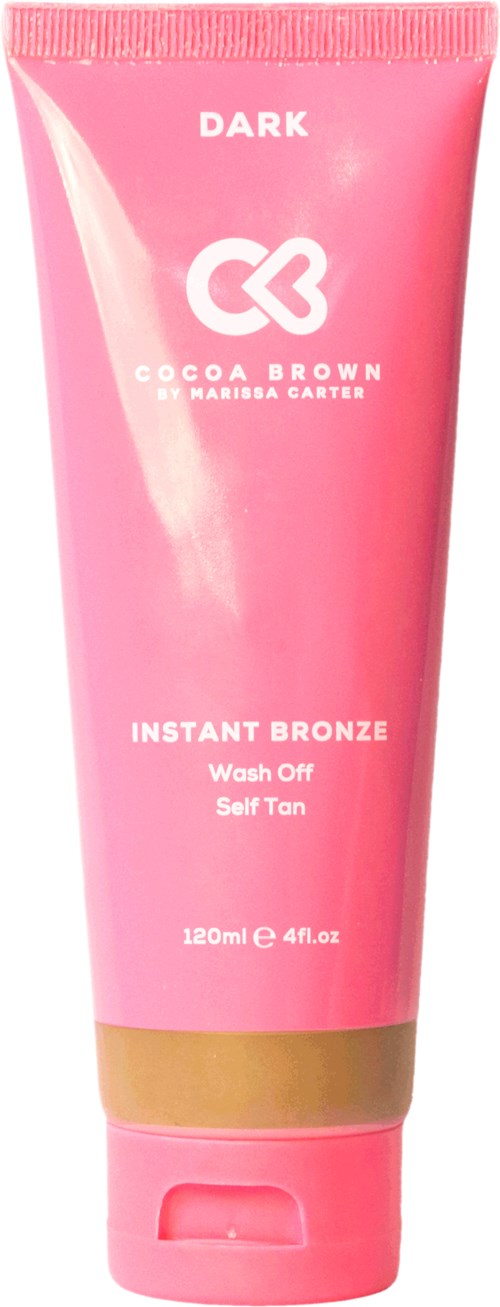 Pinke Tube mit weißen Text, beschriftet 'Dark', enthält Selbstbräunungs-Gel namens Instant Bronze von Cocoa Brown.