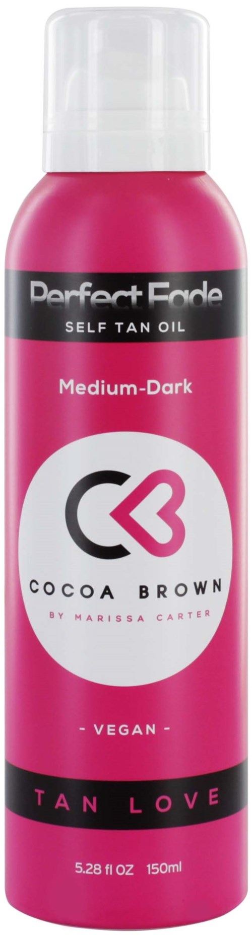 Eine pinke Flasche Selbstbräunungsöl, beschriftet Perfect Fade, Cocoa Brown, mittel-Dunkel, vegan und Tan Love.