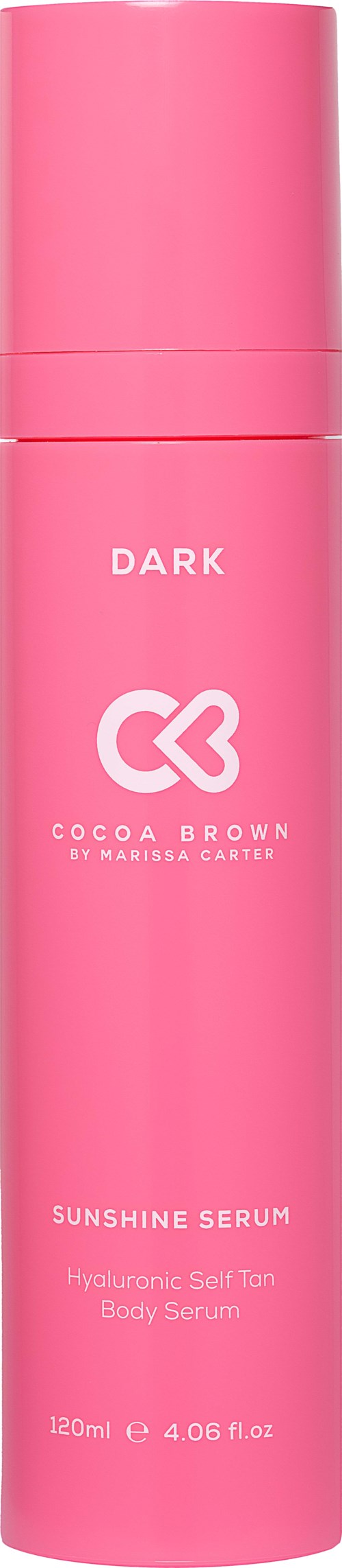 Eine rosa Flasche mit der Aufschrift 'Dark Cocoa Brown Sunshine Serum' von Mariska Carter, enthält 120 ml Körperserum.