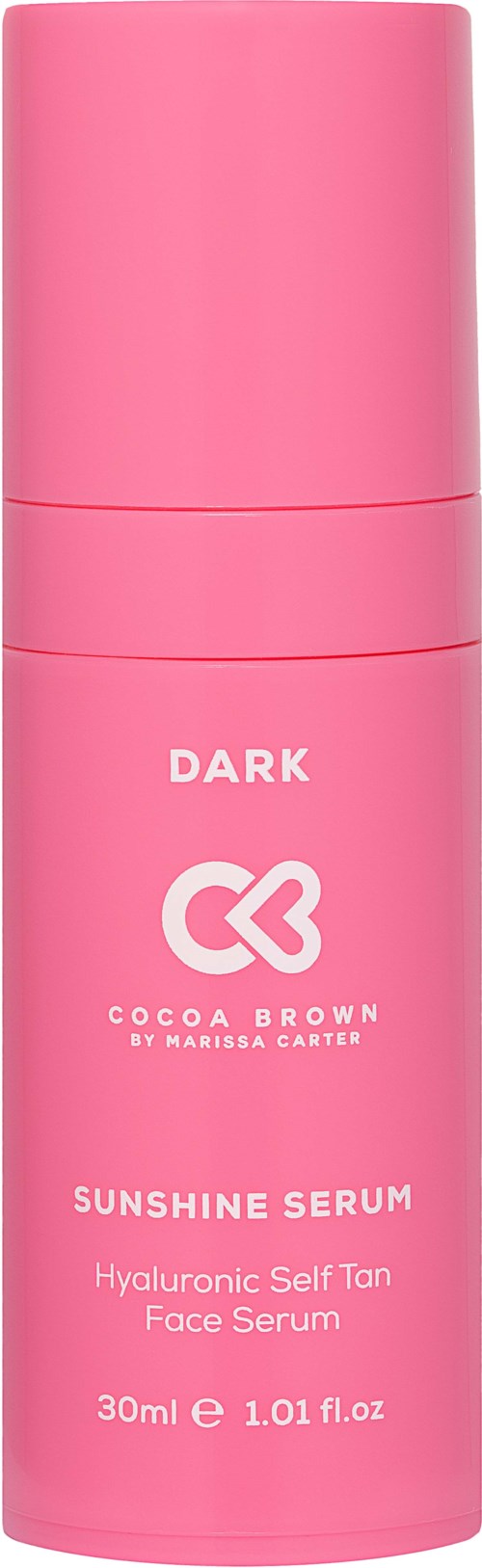 Pinkfarbene Flasche mit weißen Text, beschriftet 'Dark Cocoa Brown Sunshine Serum', für das Gesicht, 30 ml.