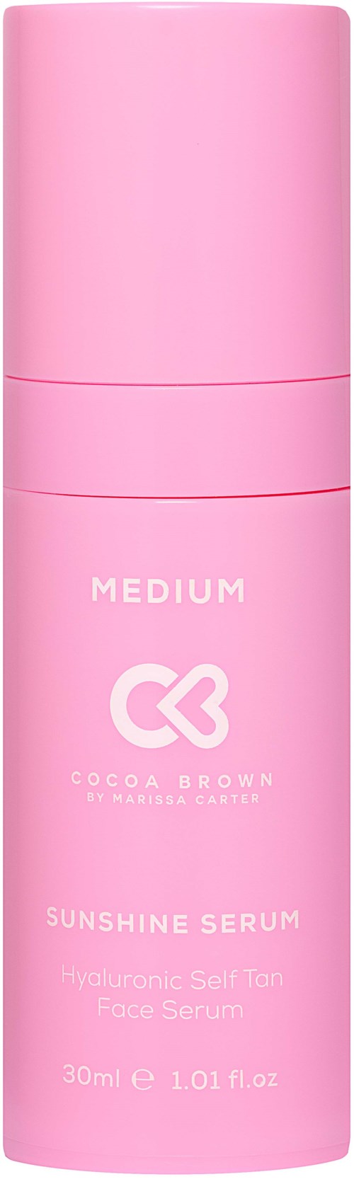 Rosa Flasche mit 'Sunshine Serum' und Wasser Tropfen Logo, wahrscheinlich ein Hautpflegeprodukt.