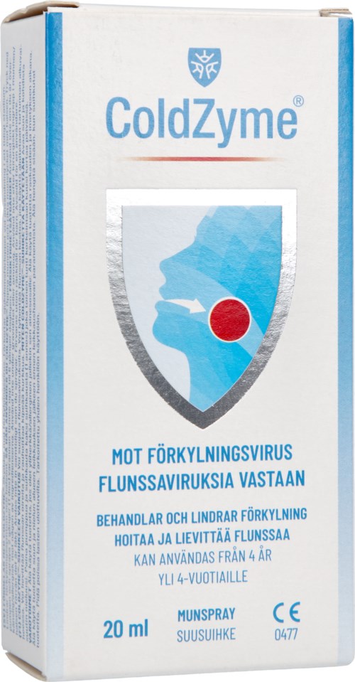 The box shows ColdZyme medication for cold and flu, with a blue shield and a person cough illustration, 20 ml bottle.