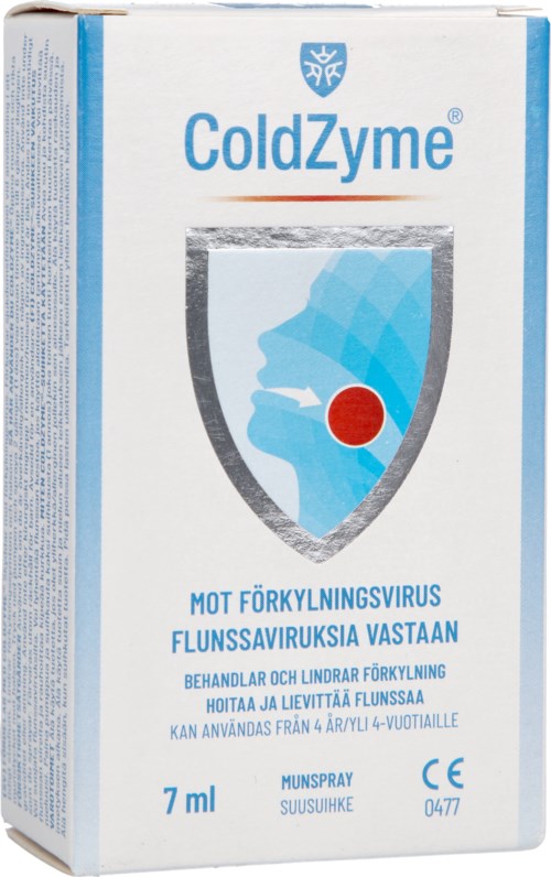 ColdZyme spray med en sköldlogo, skyddar mot influensavirus, 7 ml storlek, i en vit och blå förpackning.