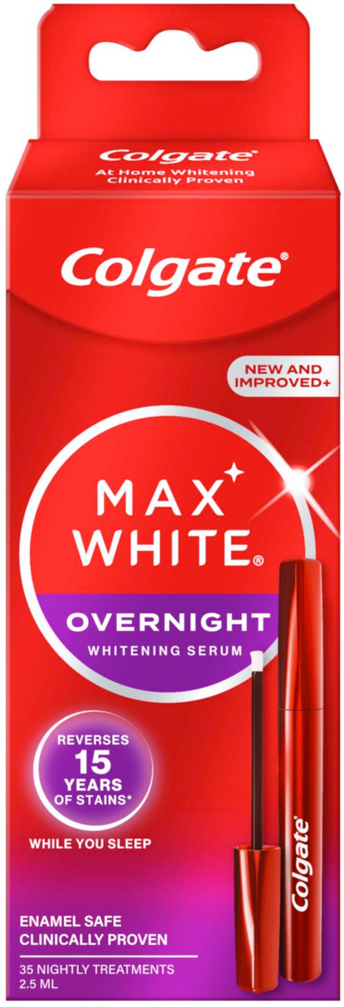 Eine Schachtel Colgate Max White Overnight Whitening Serum mit rot und lila Design und einem kleinen Rohbild.
