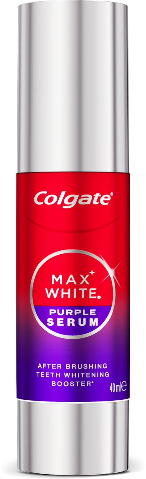 Eine silberne und rote Tube von Colgate MaxWhite Purple Serum zur Zahnaufhellung. Es ist ein Zahnpflegeprodukt.