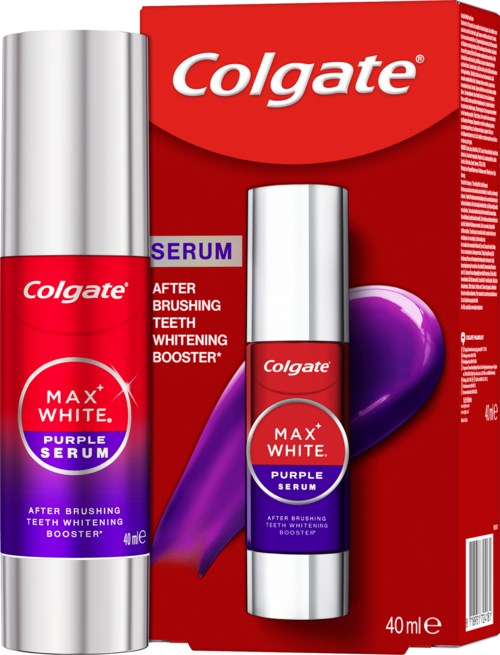 Ein kosmetisches Produkt zur Zahnaufhellung in roter und lila Verpackung, mit zwei Flaschen namens Max White Purple Serum.