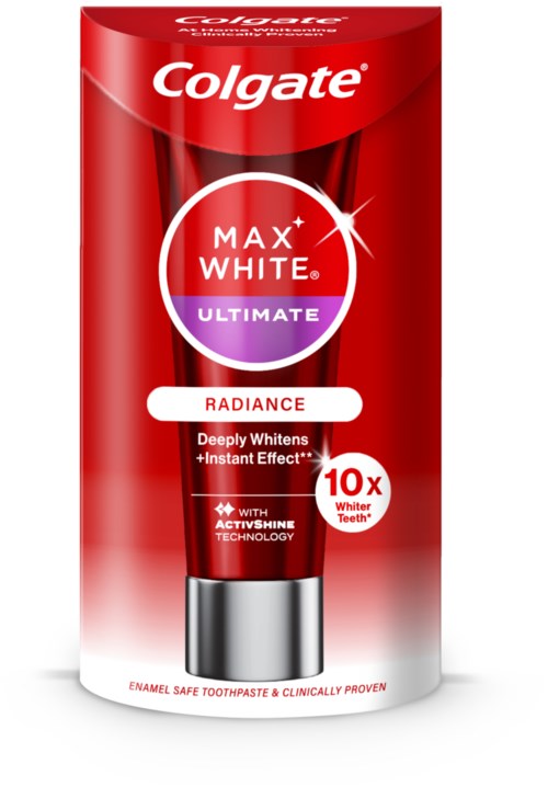 Röd tub med Colgate Max White Radiance tandkräm som ger blekning och ljusare tänder.