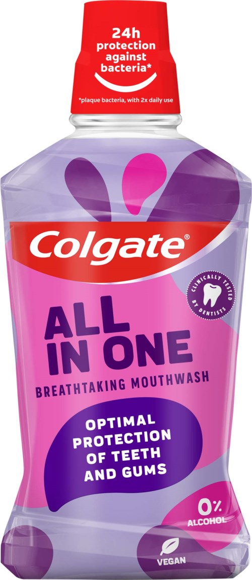 Eine Flasche Colgate All in One Mundwasser in Lila und Pink, betont Schutz und Frische.