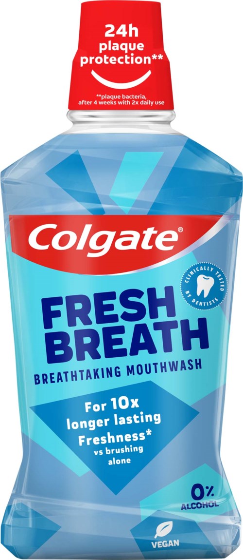 Eine blaue und rote Flasche mit Colgate Fresh Breath Mundwasser, mit Text über langanhaltende Frische und Schutz.