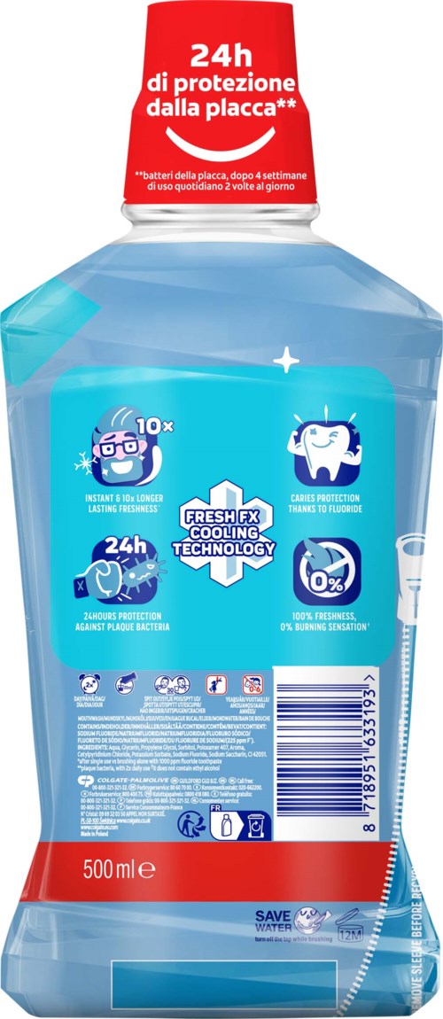 Eine blaue Reinigungsflasche mit rotem Deckel, zeigt Schutzsymbole, 24-Stunden-Schutz und 500 ml Volumen.