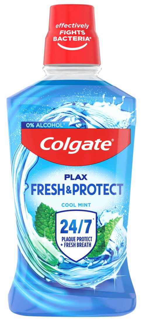 Mundspülflasche mit blauer Flüssigkeit, rotem Deckel und Etiketten, die Frische, Schutz und Bakterienbekämpfung betonen.