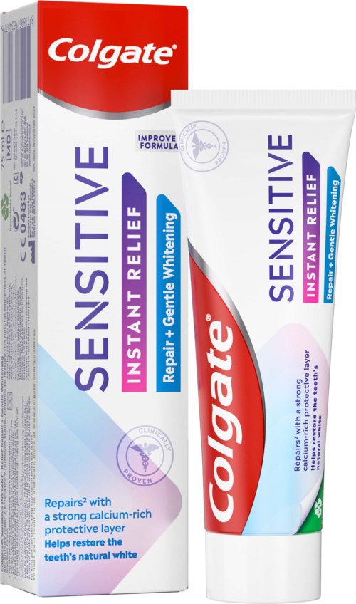 Eine Tube und die Verpackung von Colgate Sensitive Instant Relief Zahnpasta, beide zeigen Marken- und Produktinformationen.