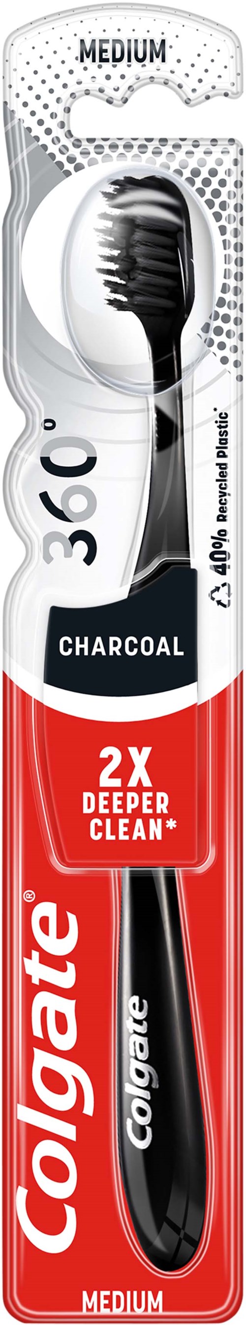 Hammasharja, jossa merkintä Colgate Charcoal ja keskisuuret harjat. Mainostetaan kaksi kertaa perusteellisempana puhdistuksena. Pakkaus on punainen ja musta.